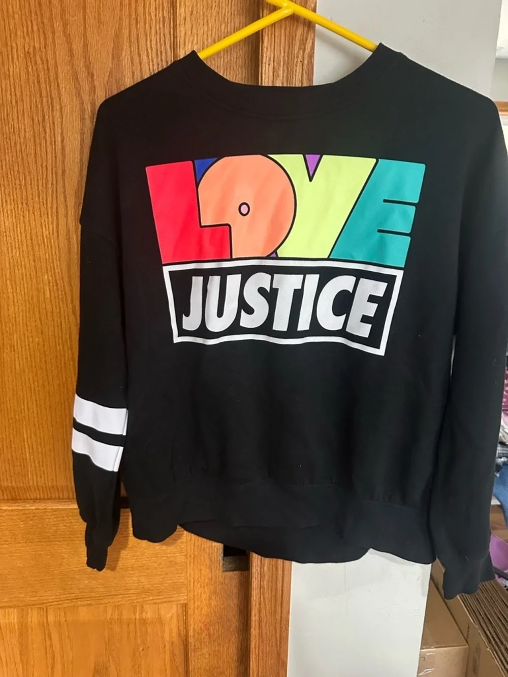 Justice Girls Sweater Black Rainbow LOVE Graphic Cozy Pullover